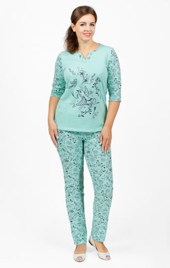 Пижама с брюками футер с начёсом, принт, мята  (665-2) - фото 1