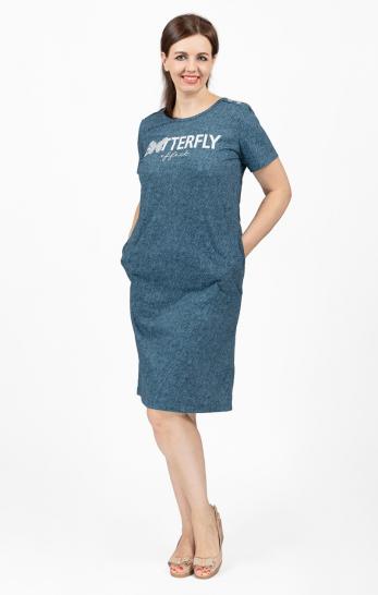 Платье с карманами, принт "Batterfly", индиго рубчик (713-3) - фото 1