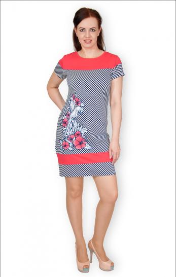 Платье "Полоска - диагональ", принт, коралл (338-2) - фото 1