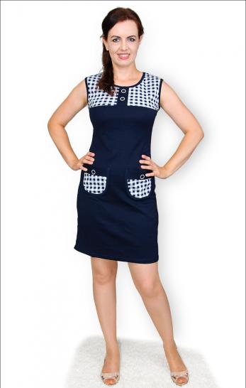 Платье с карманами интерлок - пенье, синий, клетка (148-2) - фото 1