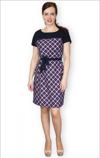 Платье с поясом интерлок - пенье, клетка розовый (317-2) - фото 1