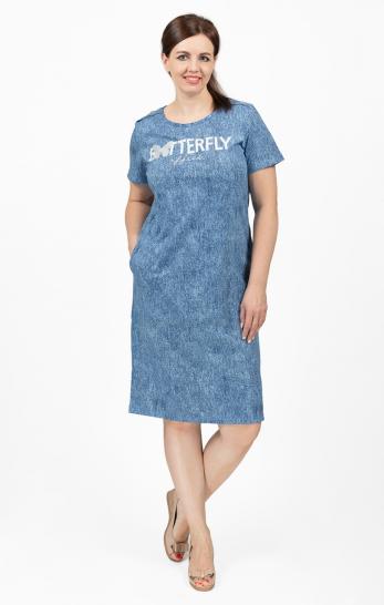 Платье с карманами, принт "Batterfly", индиго джинса (713-4) - фото 1