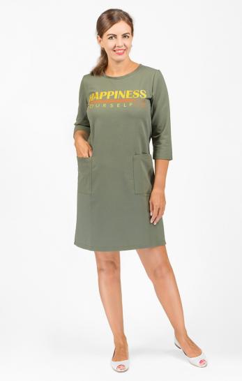 Платье с карманами футер с лайкрой, принт, хаки (587-1) - фото 1